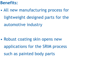 Benefits:   All new manufacturing process for lightweight designed parts for the automotive industry   Robust coating skin opens new applications for the SRIM process such as painted body parts